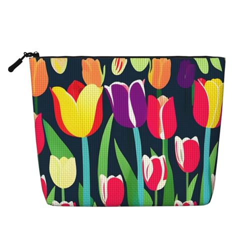 CADREWY Kulturbeutel mit buntem Tulpenaufdruck, einlagig, Make-up-Tasche, Reise-Kosmetik-Organizer, Arbeitstasche, Essentials, Schwarz, Einheitsgröße von CADREWY