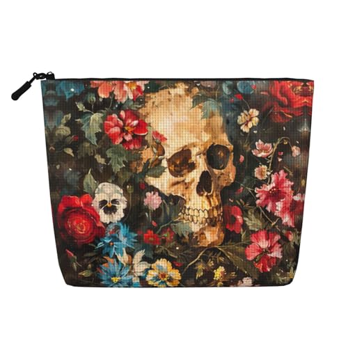 CADREWY Kulturbeutel mit floralem Totenkopf-Aufdruck, einlagig, Make-up-Tasche, Reise-Kosmetik-Organizer, Arbeitstasche Essentials, Schwarz, Einheitsgröße, Schwarz von CADREWY