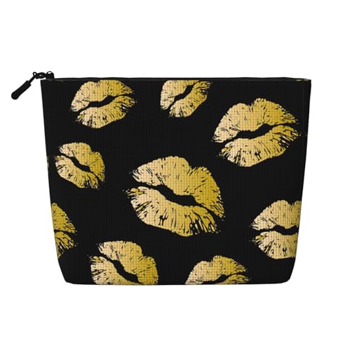 CADREWY Kulturbeutel mit goldfarbenem Lippen-Aufdruck, einlagig, Make-up-Tasche, Reise-Kosmetik-Organizer, Arbeitstasche Essentials, Schwarz, Einheitsgröße von CADREWY