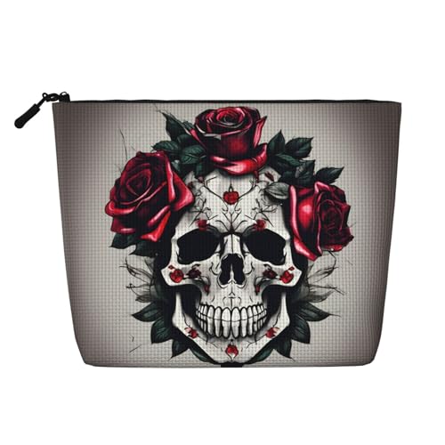 CADREWY Kulturbeutel mit rotem Rosen-Totenkopf-Druck, einlagig, Make-up-Tasche, Reise-Kosmetik-Organizer, Arbeitstasche Essentials, Schwarz, Einheitsgröße von CADREWY