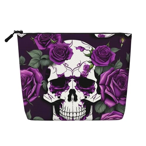 CADREWY Kulturbeutel mit violettem Rosen-Skelett-Druck, einlagig, Make-up-Tasche, Reise-Kosmetik-Organizer, Arbeitstasche, Essentials, Schwarz, Einheitsgröße von CADREWY