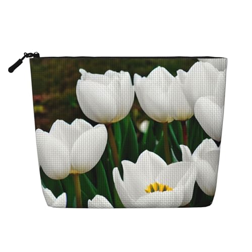 CADREWY Kulturbeutel mit weißen Tulpen und Blumendruck, einlagig, Make-up-Tasche, Reise-Kosmetik-Organizer, Arbeitstasche von CADREWY