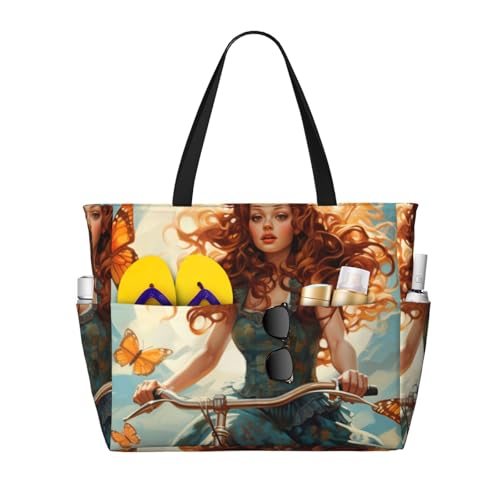 CADREWY Mädchen Fahrrad Schmetterling Druck Wasserdicht Strand Reisetasche Modisch Leicht Segeltuch Tote Mehrere Taschen von CADREWY