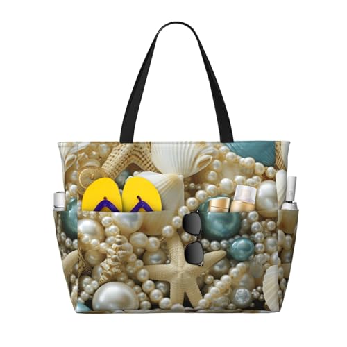 CADREWY Perlen-Seestern-Muschel-Motiv, wasserdicht, Strand-Reisetasche, modisch, leicht, Segeltuch, mehrere Taschen von CADREWY