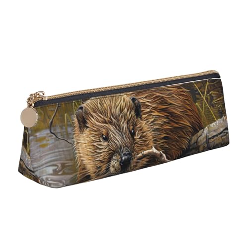 CADREWY Schlankes Federmäppchen mit Biber-Motiv, großes Fassungsvermögen, 21,6 x 5,6 x 6,1 cm, dreieckiger Stifthalter mit Reißverschluss von CADREWY