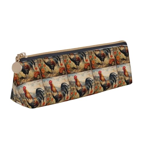 CADREWY Schlankes Federmäppchen mit Hahn-Motiv auf Holz im Bauernland-Design, großes Fassungsvermögen, 21,6 x 5,6 x 6,1 cm, dreieckiger Stifthalter mit Reißverschluss von CADREWY