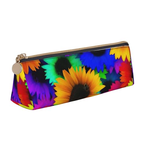 CADREWY Schlankes Federmäppchen mit Regenbogen-Sonnenblumen-Druck, großes Fassungsvermögen, 21,6 x 5,6 x 6,1 cm, dreieckiger Stifthalter mit Reißverschluss von CADREWY