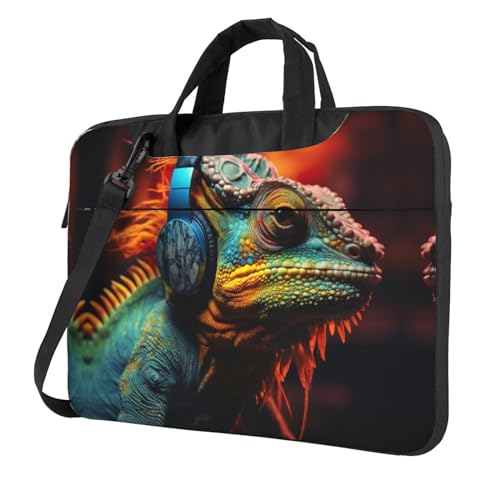 Chamäleon Laptoptasche mit Aufdruck "Musikhören", vielseitig einsetzbar, weich, für Damen und Herren, Schwarz, 13 inch von CADREWY