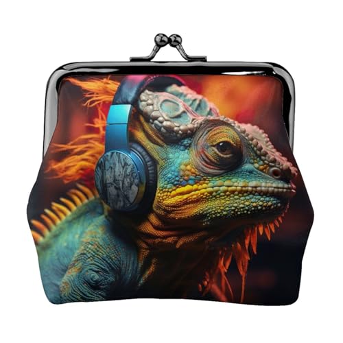 Chamäleon Musikhören Druck Tragbare Damen Münzbörse Niedlich Mini Reißverschluss Geldbörse mit Kussschloss Kreditkarten, Schwarz, Einheitsgröße von CADREWY