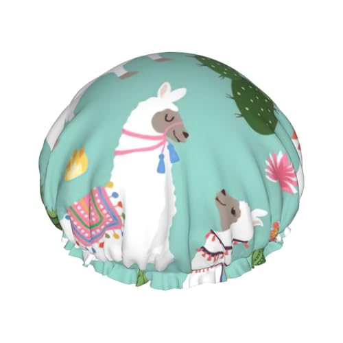 Duschhaube mit tropischem Lama, Alpaka, Kaktus, Blumendruck, leichter Hut, geeignet für Frauen mit langem Haar, weicher Duschhut von CADREWY