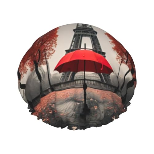 Eiffelturm mit rotem Regenschirm-Druck, leichte Mütze, geeignet für Frauen mit langen Haaren, weicher Duschhut von CADREWY