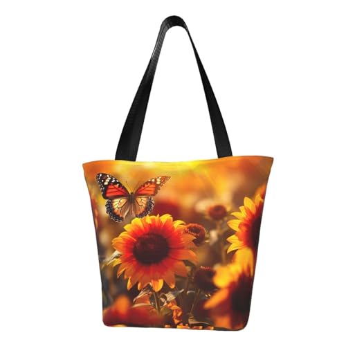 Gelbe Sonnenblumen mit rotem Schmetterling, 1 Druck, bequeme Umhängetasche, Sommerhandtasche, Reisen, Strand, Arbeit, täglicher Gebrauch, vielseitiges Tragen von CADREWY