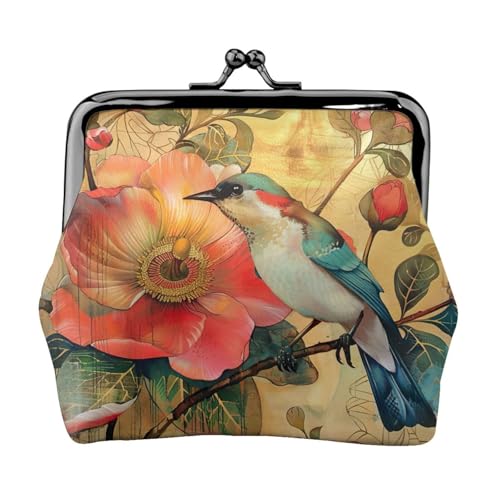 Geldbörse mit Blumen- und Vogeldruck, tragbar, niedlich, Mini-Reißverschluss, mit Kussverschluss, Kreditkarten, Schwarz, Einheitsgröße von CADREWY