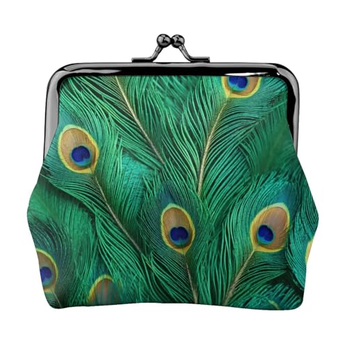 Grüne Pfauenfeder-Druck, tragbare Damen-Münzgeldbörse, niedlicher Mini-Reißverschluss, Geldbörse mit Kussschloss, Kreditkarten, Schwarz, Einheitsgröße von CADREWY