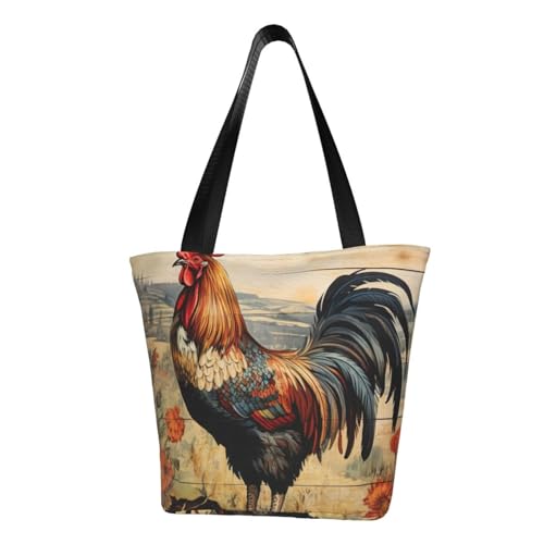 Hahn auf Holz im Bauernland-Druck, bequeme Umhängetasche, Sommerhandtasche, Reisen, Strand, Arbeit, täglicher Gebrauch, vielseitig tragbar von CADREWY