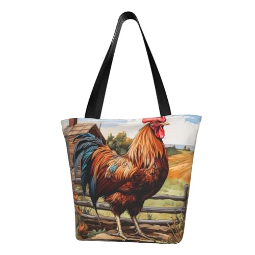 Hahn auf Holz im Bauernland-Druck, bequeme Umhängetasche, Sommerhandtasche, Reisen, Strand, Arbeit, täglicher Gebrauch, vielseitiges Tragen von CADREWY