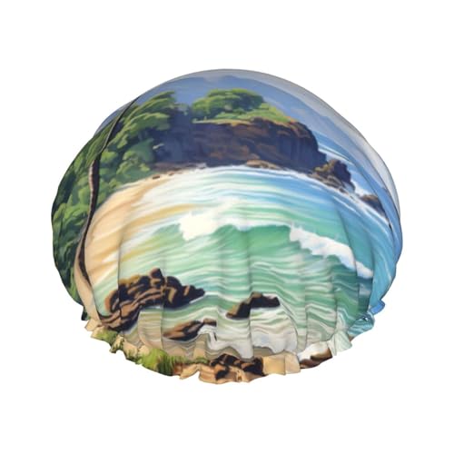 Hawaiianischer Strand mit Palmen-Druck, Duschhaube, leichter Hut, geeignet für Frauen mit langen Haaren, weicher Duschhut von CADREWY