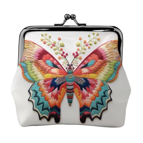 Kleines Portemonnaie mit Stickerei, buntes Schmetterlingsmotiv, tragbar, mit Reißverschluss, mit Kussverschluss, Kreditkarten, Schwarz, Einheitsgröße von CADREWY