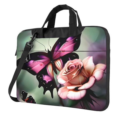Laptoptasche mit Blumen- und Rosen- und Schmetterlings-Aufdruck, vielseitige Taschen, Computertasche, weich, für Damen und Herren von CADREWY