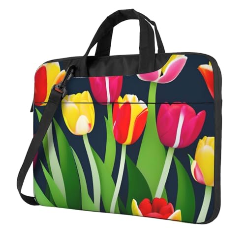 Laptoptasche mit buntem Tulpenmuster, vielseitige Tasche, Computertasche, weich, für Damen und Herren, Schwarz, 13 inch von CADREWY