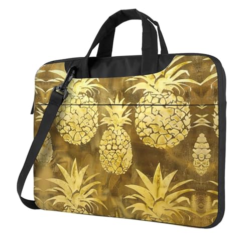 Laptoptasche mit goldenem Ananas-Hintergrund, vielseitig einsetzbar, weich, für Damen und Herren, einzigartig, Schwarz, 13 inch von CADREWY