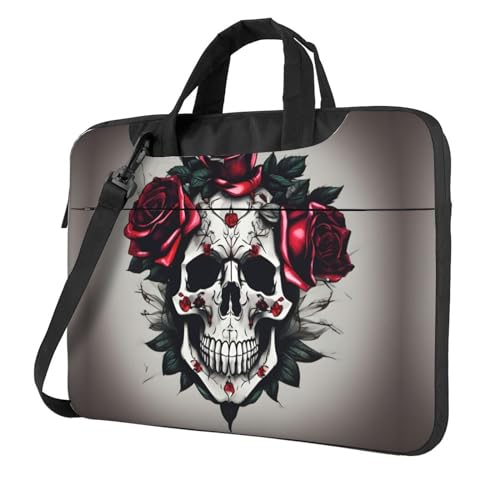 Laptoptasche mit rotem Rosen-Totenkopf-Druck, vielseitige Taschen, Computertasche, weich, für Damen und Herren von CADREWY