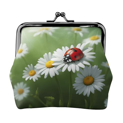 Marienkäfer auf Gänseblümchen-Druck, tragbare Damen-Münzgeldbörse, niedlich, Mini-Reißverschluss, Geldbörse mit Kussschloss, Kreditkarten von CADREWY