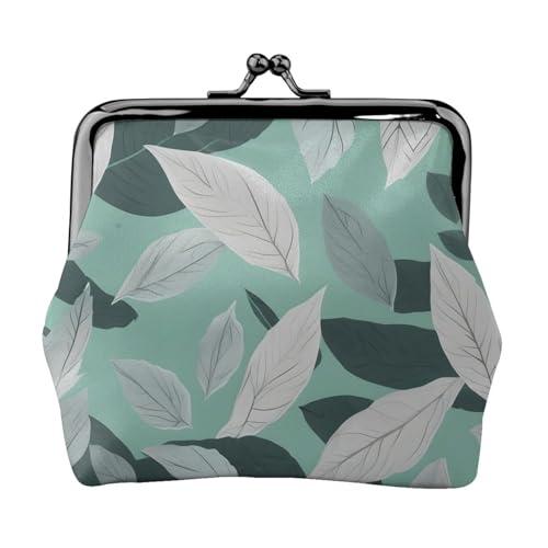 Minzgraue Geldbörse mit Blättermuster, tragbar, für Damen, niedlich, Mini-Reißverschluss, Geldbörse, mit Kussverschluss, Kreditkarten, Schwarz, Einheitsgröße von CADREWY