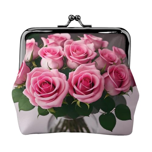 Pink Roses Print Portable Women Coin Purse Cute Mini Zipper Wallet with Kiss Lock Credit Cards, Black, One Size von CADREWY