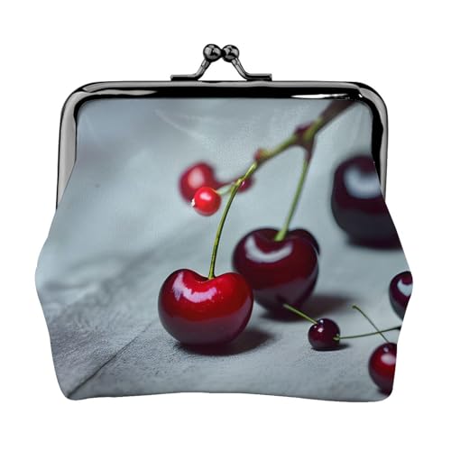 Rotes Kirschenmuster, tragbare Damen-Münzgeldbörse, niedlicher Mini-Reißverschluss, Geldbörse mit Kussschloss, Kreditkarten von CADREWY