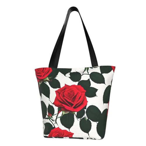 Rustikale Umhängetasche mit rotem Rosen-Druck, bequeme Sommer-Handtasche, Reisen, Strand, Arbeit, täglicher Gebrauch, vielseitiges Tragen von CADREWY