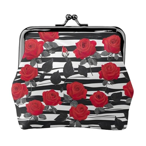 Schwarz-weiße gestreifte rote Rosen-Blumen-Druck, tragbare Damen-Münzgeldbörse, niedliche Mini-Geldbörse mit Reißverschluss und Kussschloss, Kreditkarten von CADREWY
