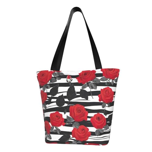 Schwarze weiße Streifen rote Rose Blumen Druck bequeme Schultertasche Sommer Handtasche Reise Strand Arbeit Alltag vielseitig tragen von CADREWY