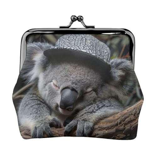 Sleeping Koala Cap Print Portable Women Coin Purse Cute Mini Zipper Wallet with Kiss Lock Credit Cards, Black, One Size von CADREWY