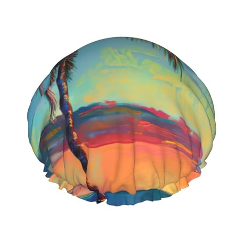 Sonnenuntergang Palmendruck Duschhaube, leichter Hut, geeignet für Frauen mit langen Haaren, weicher Duschhut von CADREWY