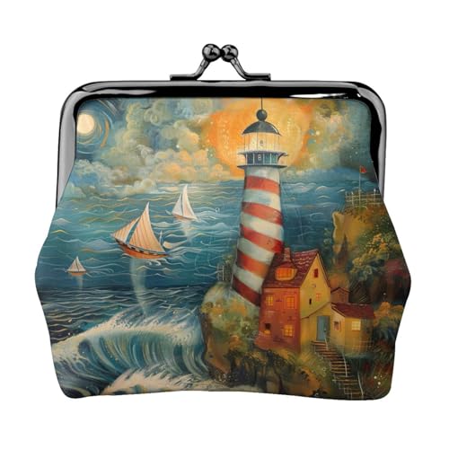 The Seaside Lighthouse Print Portable Women Coin Purse Cute Mini Zipper Wallet with Kiss Lock Credit Cards, Black, One Size von CADREWY