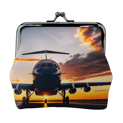 Tragbare Damen-Münzgeldbörse mit Flugzeug bei Sonnenuntergang, niedlich, Mini-Reißverschluss, mit Kussschloss, Kreditkarten, Schwarz, Einheitsgröße von CADREWY