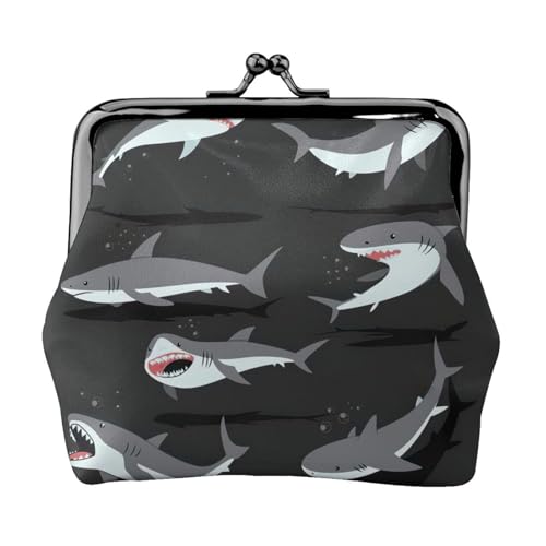 Tragbare Damen-Münzgeldbörse mit Hai-Druck, niedlich, Mini-Reißverschluss, mit Kuss-Lock-Kreditkarten, Schwarz, Einheitsgröße von CADREWY