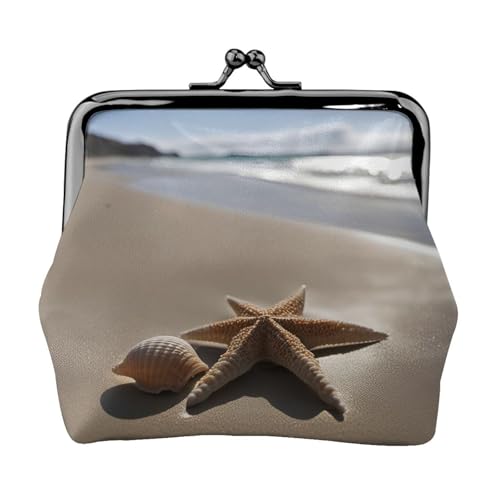 Tragbare Damen-Münzgeldbörse mit Seestern, Muschel, Sandstrand, niedlich, Mini-Reißverschluss, mit Kussschloss, Kreditkarten von CADREWY