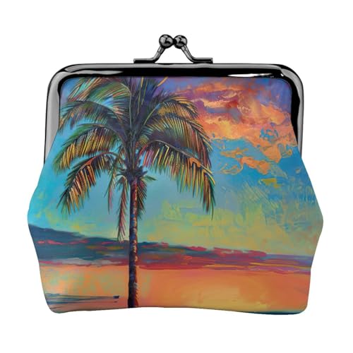 Tragbare Damen-Münzgeldbörse mit Sonnenuntergang-Palmendruck, niedlich, Mini-Reißverschluss, mit Kuss-Lock-Kreditkarten von CADREWY