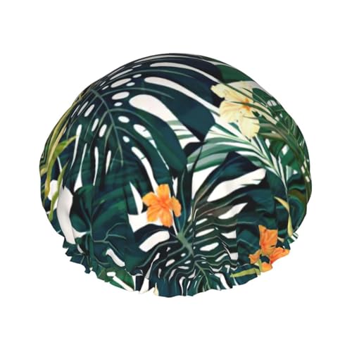 Tropische Sommer-Duschhaube, hawaiianische Blume, Palmblätter, leichter Hut, geeignet für Frauen mit langen Haaren, weicher Duschhut von CADREWY