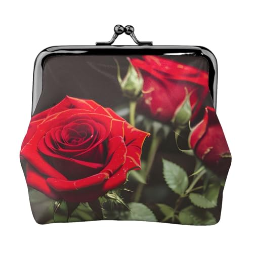 Weinrot und rote Rose Druck tragbare Frauen Münzbörse Niedlich Mini Reißverschluss Geldbörse mit Kussschloss Kreditkarten Schwarz, Einheitsgröße von CADREWY