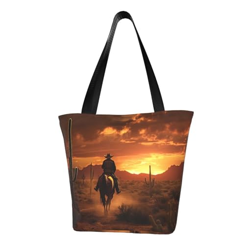 West Wüstenkaktus mit Cowboys reitenden Pferden 3 Druck, bequeme Umhängetasche, Sommerhandtasche, Reisen, Strand, Arbeit, täglicher Gebrauch, vielseitig zu tragen von CADREWY