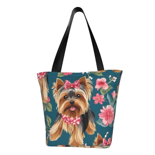 Yorkie Dog Floral03 Bedruckte bequeme Schultertasche Sommer Handtasche Reise Strand Arbeit Alltag Vielseitig Tragen von CADREWY