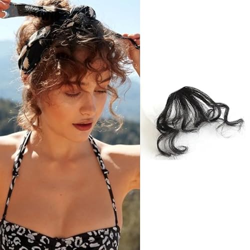 CADTARBAB Bangs Clip in Kurze Lockige Gewellte Haarklammer Haarteil One Piece Hair Clip in Pony Fringe Extensions Natürliche Bangs with Tempel für Frauen (Schwarz) von CADTARBAB