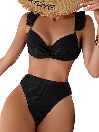 CADTARBAB Damen Bikini Set Zweiteiliger Triangel Badeanzug V Ausschnitt Bademode Push Up Strand Swimsuit Spaghetti Träger Bikinioberteil (Schwarz/L) von CADTARBAB