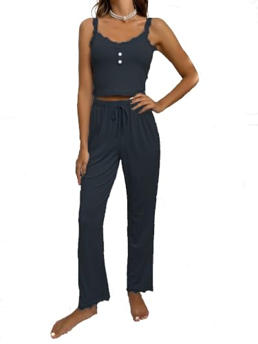 CADTARBAB Damen Schlafanzug Weiche Pyjamas Set Zweiteiliger Lace Tank Top Oberteil und Lang Schlafanzughose Sleepwear Nachtwäsche Hausanzug Freizeitanzug (L) von CADTARBAB