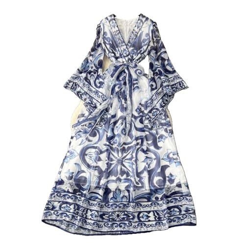 Abendkleid - Palaststil Lange Trompetenärmel V-Ausschnitt Taille A-Linie Blau-Weiß Porzellan-Druckkleid, Elegantes A-Linien-Ballkleid Mit Hoher Taille Und Schnürung Und Plissiertem Saum, von CAEITLRSO