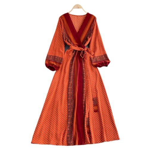 CAEITLRSO Damenmode Temperament Herbst Und Winter Polka Dot Print Bindegürtel V-Ausschnitt Lange Puffärmel Einteiliges Kleid Mit Verstellbarer Taille, Elegantes Vintage-Kleid Mit Hoher Taille,Orange von CAEITLRSO