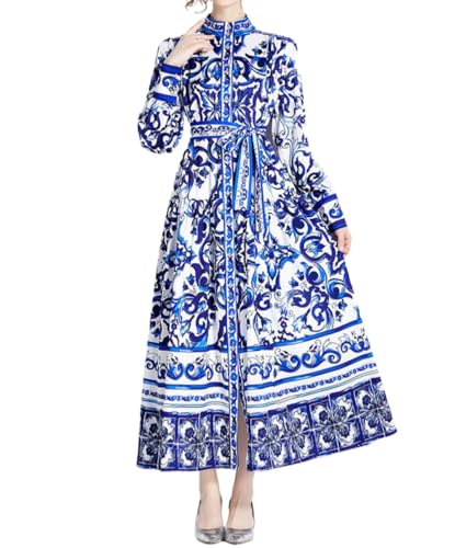 Damenkleider - Palast-Stil Retro Stehkragen Einreihiger Taillen-A-Linien-Rock Mit Blauem Und Weißem Porzellan-Print Und Gleichfarbigem Gürtel, Elegantes Hochtailliertes Big Swing Frühling von CAEITLRSO